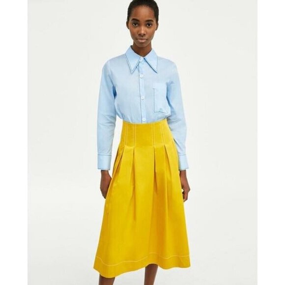 NWOT Zara mustard yellow pleated A-line midi skirt, XS - Picture 2 of 10